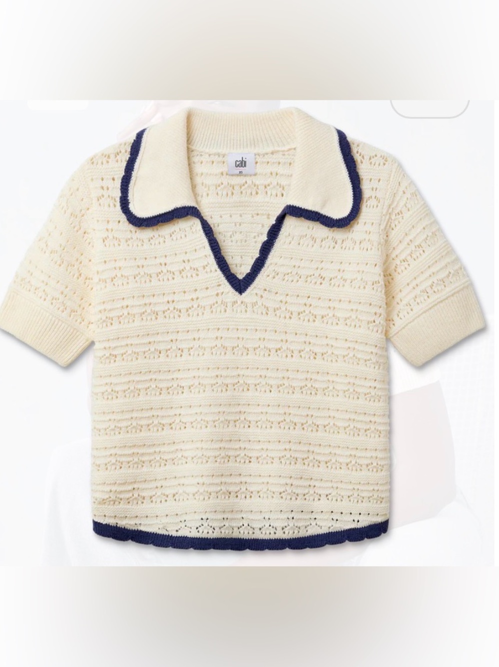#6958 Loom Pullover. NWOT. Size Large. Cream Openwork Polo with Navy Trim.